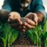 Mãos de um agricultor segurando e derramando grânulos de fertilizante sobre o solo com plantas jovens de milho ao fundo.